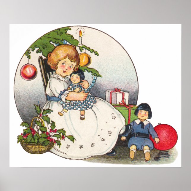 Poster Noël vintage, Joyeuse fille jouant avec des poupée (Devant)