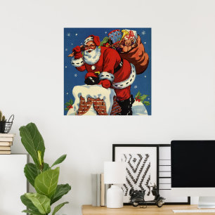 Poster Noël vintage, le Père Noël descend Chimney avec jo