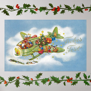 Poster Noël vintage, le Père Noël pilotant un avion