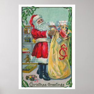 Poster Noël vintage, Père Noël victorien avec des jouets