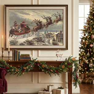 Poster Noël vintage, Père Noël victorien dans un traîneau