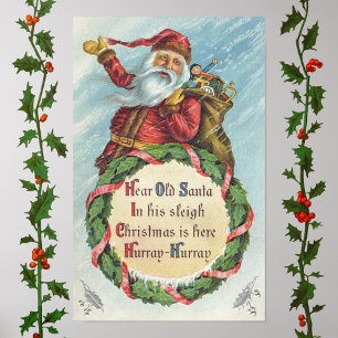 Poster Noël vintage, Père Noël victorien sur couronne