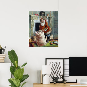 Poster Noël vintage, Saint Nicolas près de la cheminée