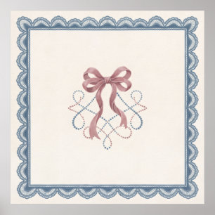 Poster Nœud ruban rose blush dentelle bleue poussiéreuse