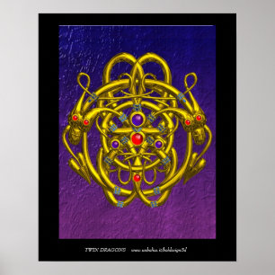 POSTER NOEUDS CELTIQUES D'OR AVEC DRAGONS DOUCES
