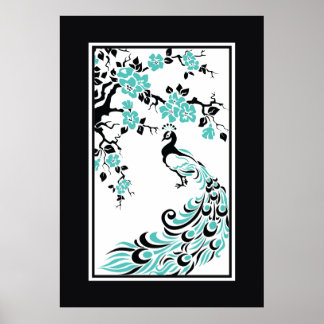 Poster Noir, aqua, paon blanc et fleurs de cerisiers