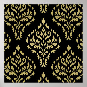 Poster Noir baroque feuillu et or de motif de damassé
