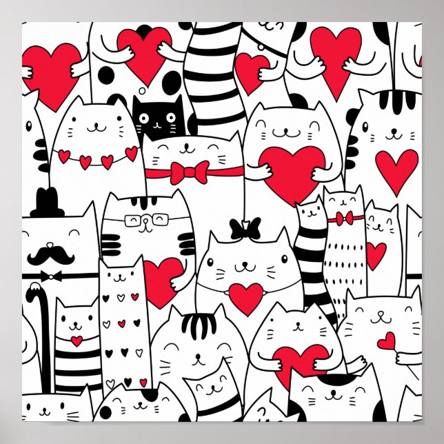 Poster Noir Blanc Cute Chat Coeur Rouge (Devant)