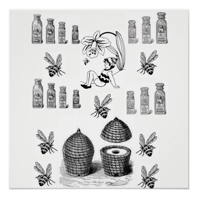 poster noir blanc d'abeille miel (Devant)