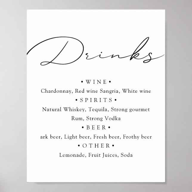 Poster Noir blanc. Menu de bar de mariage calligraphié st (Devant)