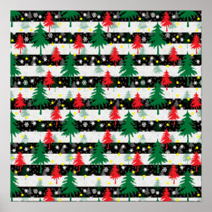 Poster Noir Blanc Stripes Neiges Rouge Vert Arbres