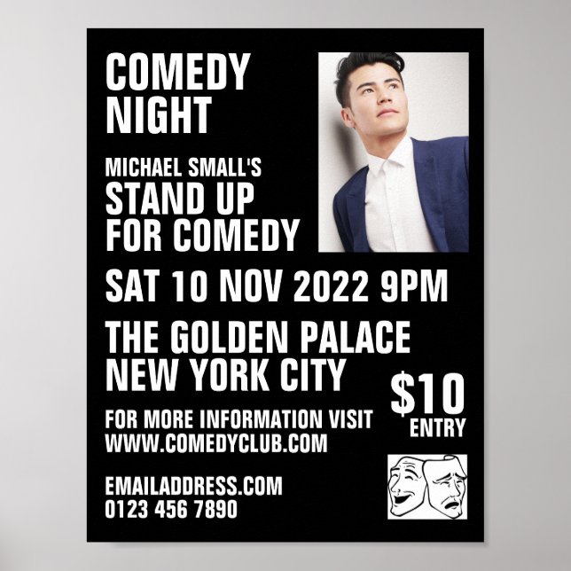 Poster Noir élégant, Comédien, Comedy Club Publicité (Devant)