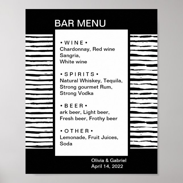 Poster Noir élégant rayé fantaisie. Menu du bar de mariag (Devant)