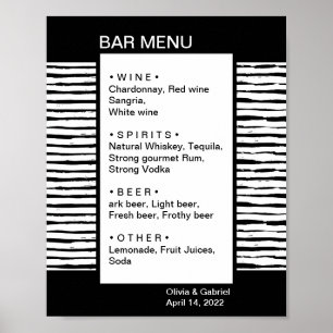 Poster Noir élégant rayé. Menu de la barre mariage