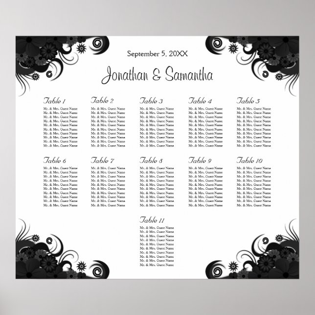 Poster Noir et blanc 11 Tables Mariages Cartes de sièges (Devant)