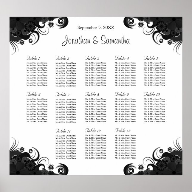 Poster Noir et blanc 13 Tables Mariages Cartes de sièges (Devant)