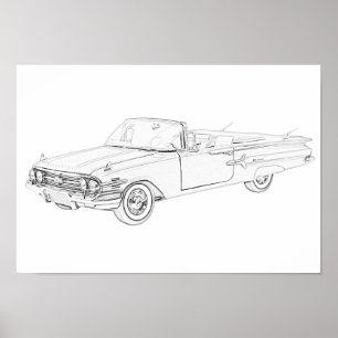 Poster Noir et blanc 1960 Chevy Impala Convertible