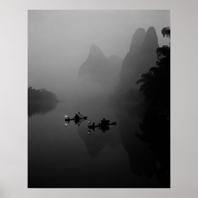 Poster Noir et blanc, Chine, Li River, Pêcheur sur (Devant)