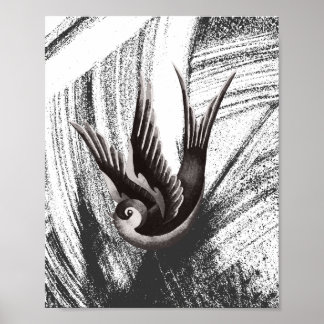 Poster Noir et blanc, dessin de gribouillis d'un oiseau