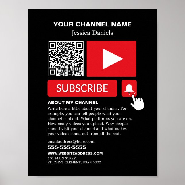 Poster Noir et rouge élégant - QR Code, Youtube - Vlogger (Devant)