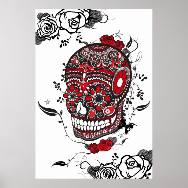 Poster noir et rouge Muerte Sugar Skull (Devant)