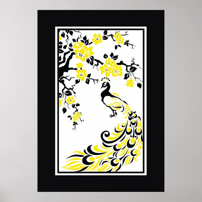 Poster Noir, jaune, blanc paon et fleurs de cerisiers (Devant)