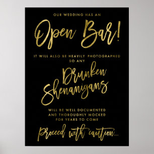 Poster Noir Notre Mariage A Open Bar Sign Golden