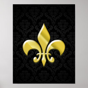Poster Noir/or Damask Fleur de Lis