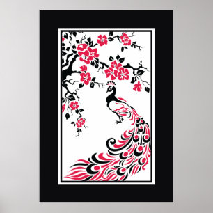 Poster Noir, rouge, blanc paon et fleurs de cerisiers
