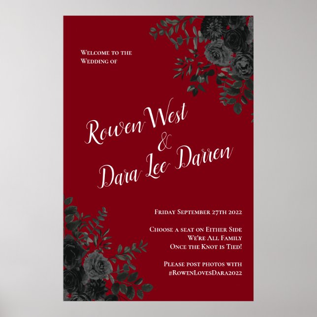 Poster Noir rouge Rose gothique Élégant mariage (Devant)