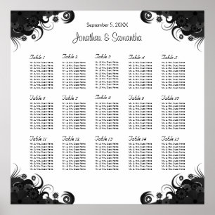 Poster Noir sur blanc Mariage 15 tables Cartes de sièges