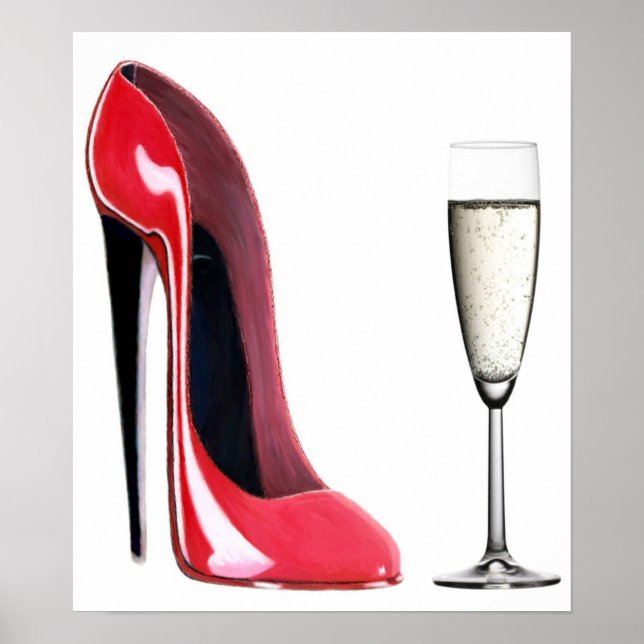 Poster Noir talon Rouge Stiletto Chaussure et Champagne I (Devant)
