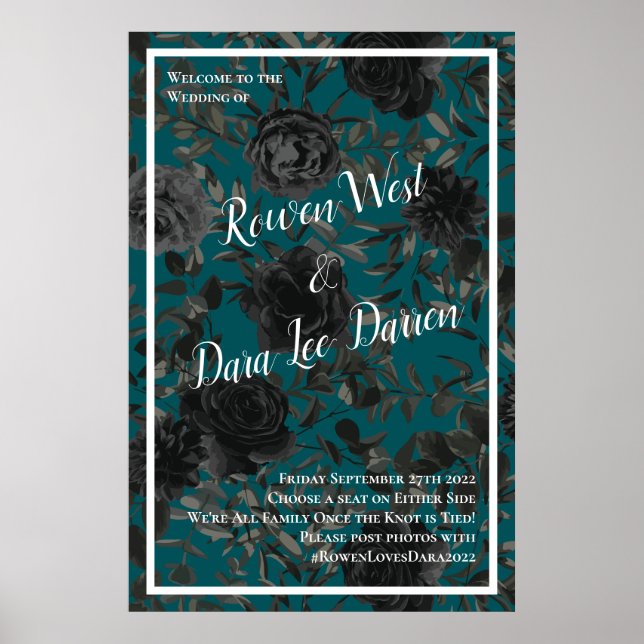 Poster Noir Turquoise Rose gothique Elégant Mariage (Devant)