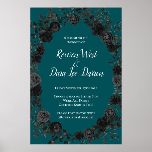 Poster Noir Turquoise Rose gothique Elégant Mariage (Devant)