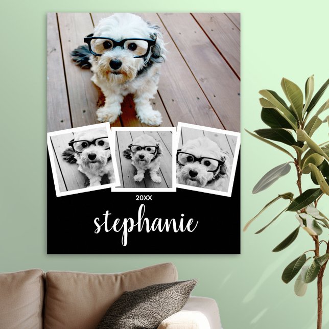 Poster Nom de script de collage photo tendance blanc noir (Photo Collage Poster)
