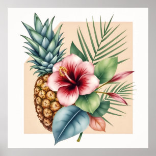 Poster Nom d'été Fleur de Hawaï Ananas & Hibiscus
