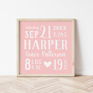 Poster Nom du bébé rose et statistiques de naissance Co