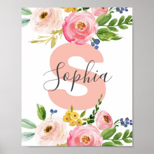 Poster Nom floral Girl Baby Personalized Boho Nursery