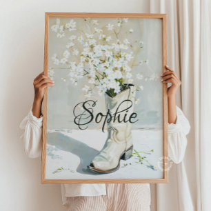 Poster Nom Personnalisé Cowgirl Boot With Flowers Peintur