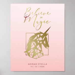Poster Nom personnalisé du bébé Date   Unicorne magique  