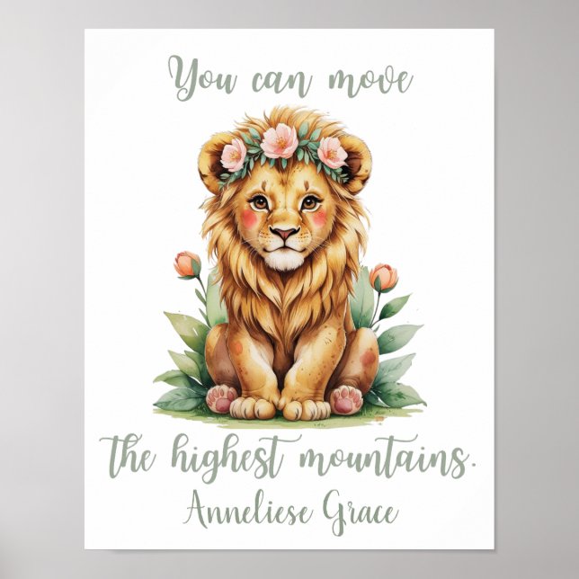 Poster Nom personnalisé Fille's Nursery Safari Lion Affir (Devant)