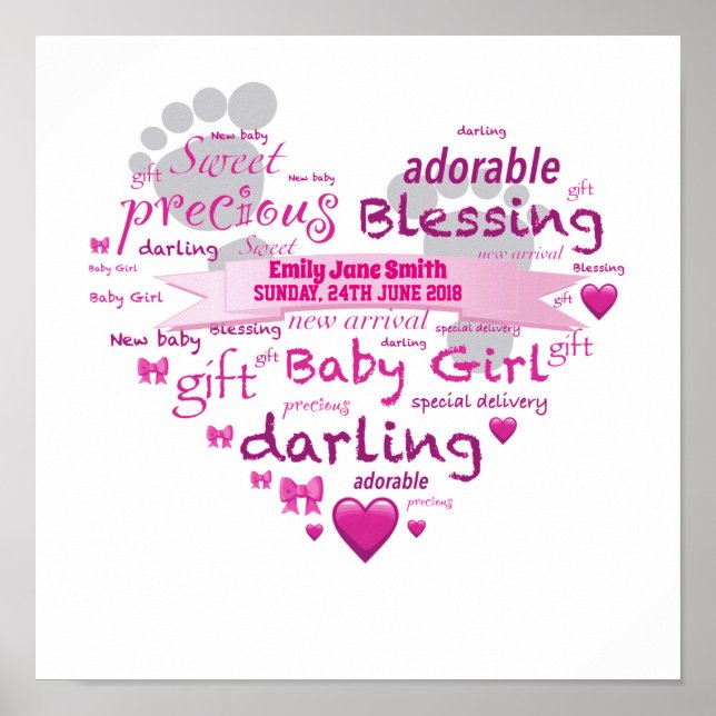 Poster Nom personnalisé Nouveau bébé fille Word Art (Devant)