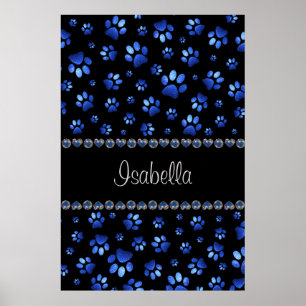 Poster Nom personnalisé, pattes de chien en paillettes bl