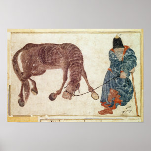 Poster nomade mongol emmenant son cheval à l'eau