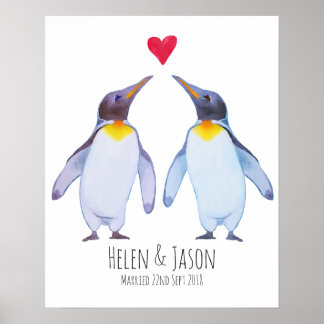 Poster Noms personnalisés de pingouin Mariage Couple Wall