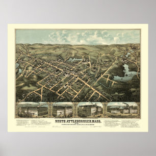 Poster North Attleboro, MA Carte panoramique - 1878