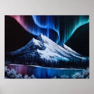 Poster Northern Lights Bob Ross - paysage inspiré