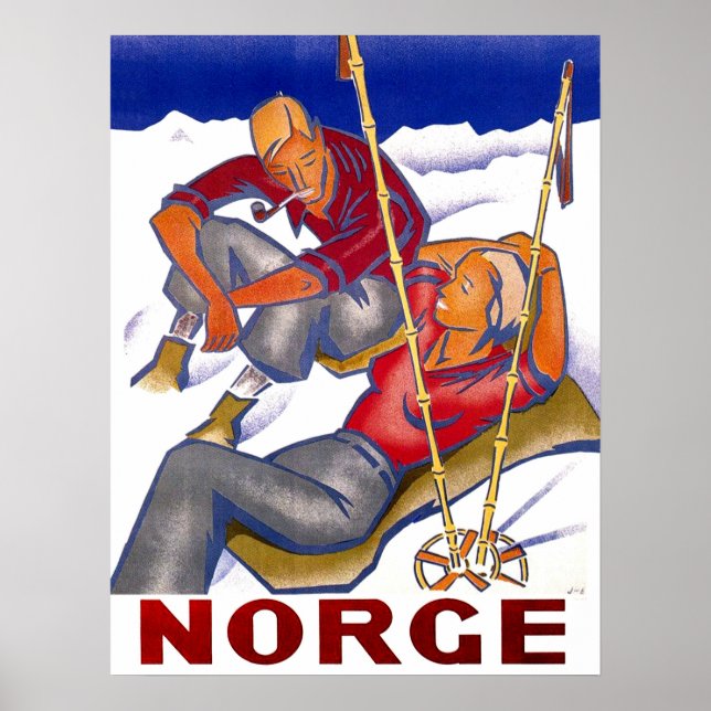 Poster Norvège, couple en vacances hivernales, ski, vinta (Devant)