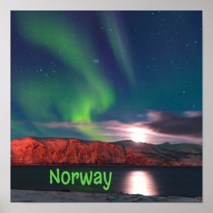 Poster Norvège Lumières nordiques scandinaves Clips rouge