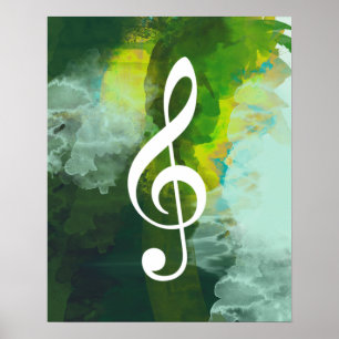 Poster note musicale, clef à trois, aquarelle verte